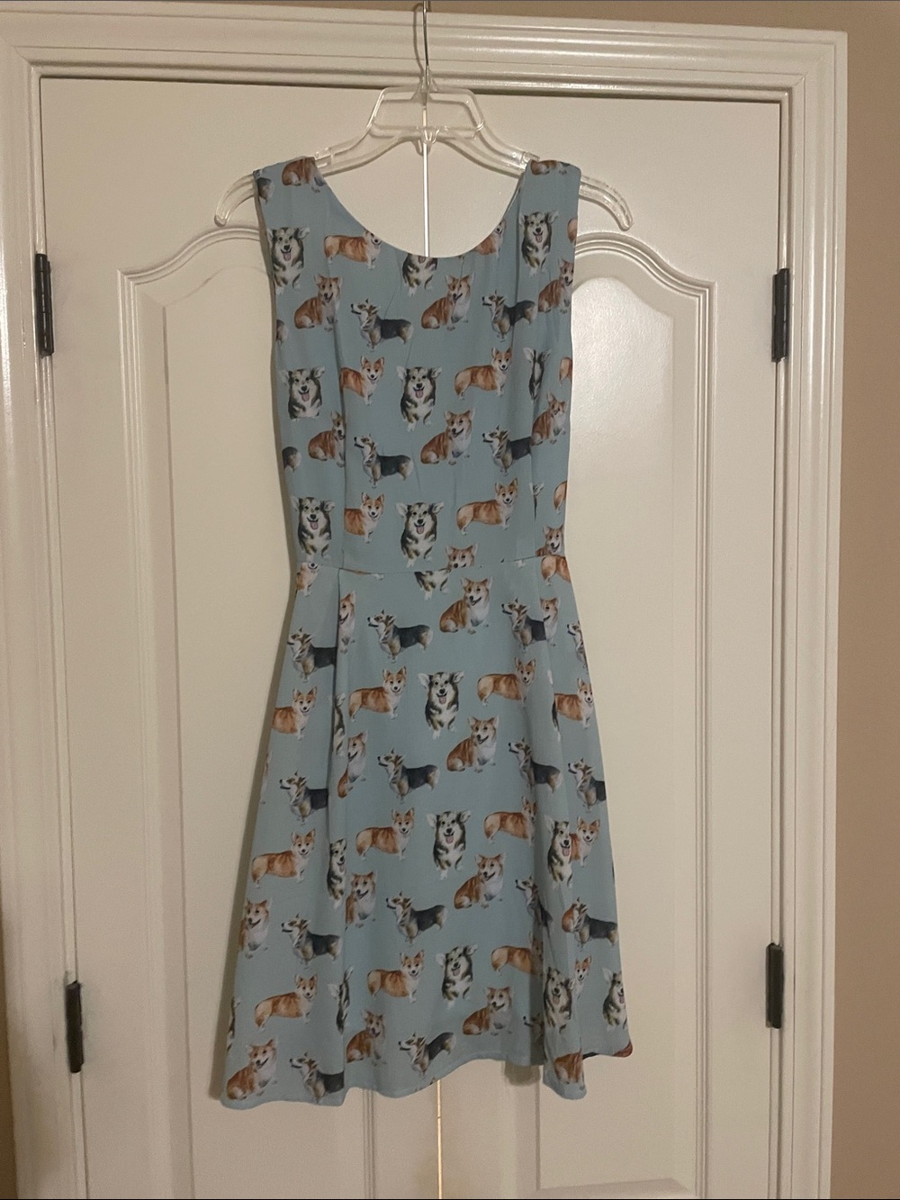 Corgi Print Sleeveless A-Line Dress - Light Blue